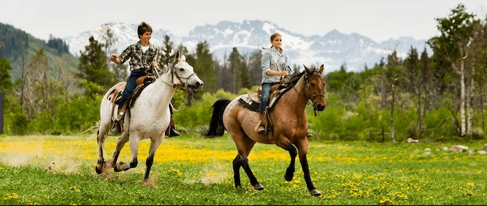 Confident plus-size woman riding Market Mowbray a horse through a field with a smile on her face.